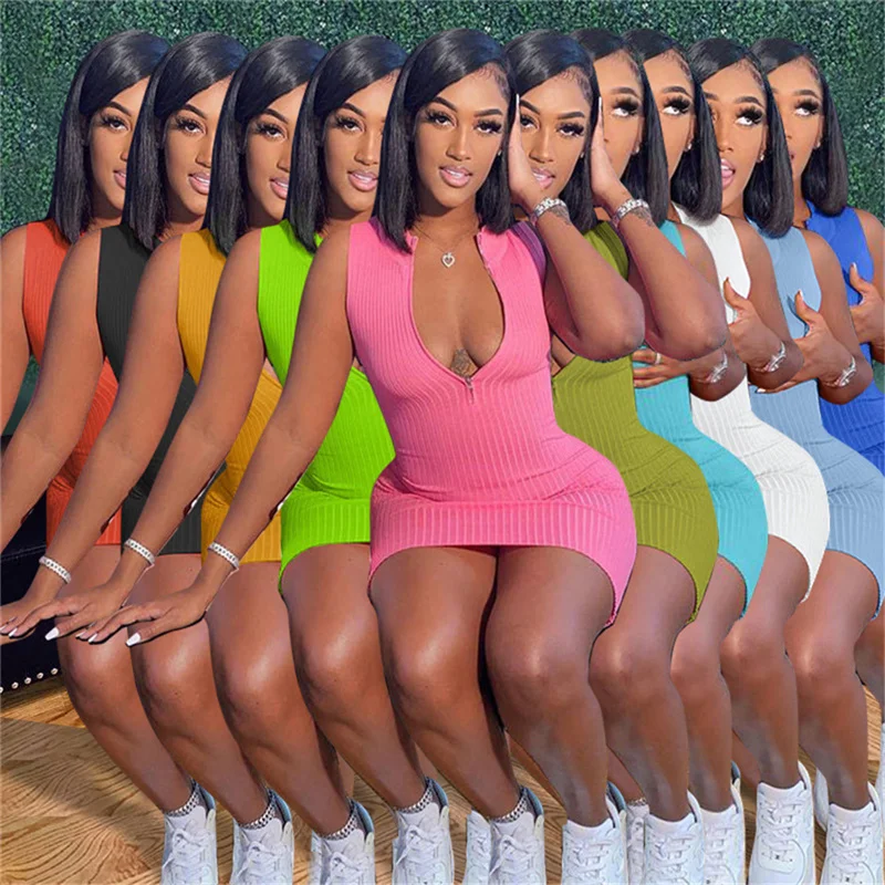 Sexy Front Zipper V-neck Summer Dress Women Sleeveless Knit Rib Mini Dress Solid Color Slim Fit Bodycon Club Dresses Vestidos
Sexy Front Zipper V-neck Summer Dress Women Sleeveless Knit Rib Mini Dress Solid Color Slim Fit Bodycon Club Dresses Vestidos