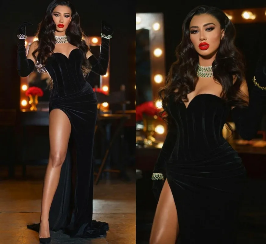 Modest Velvet Mermaid Prom Dresses Side Split Black Sweetheart Sexy Evening Party Gowns 2025 No Gloves Vestido De Longo
Modest Velvet Mermaid Prom Dresses Side Split Black Sweetheart Sexy Evening Party Gowns 2025 No Gloves Vestido De Longo