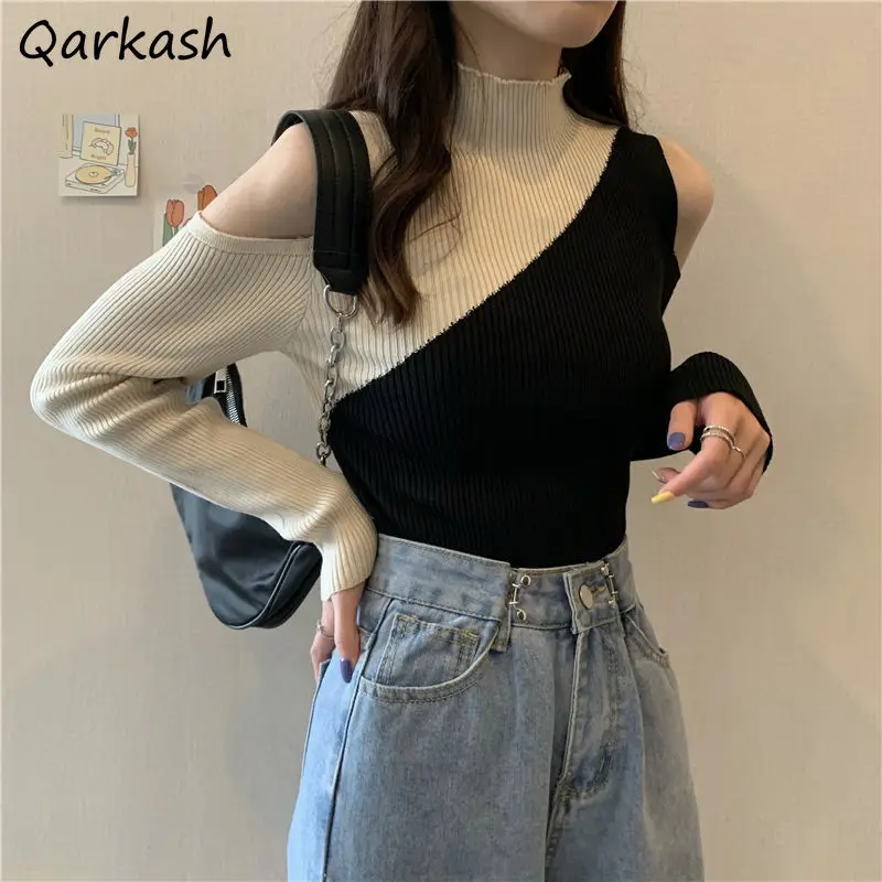 Mock Neck Pullovers Women Off Shoulder Design Patchwork Fashion Spring Slim All-match Knitwear Femme Popular Ulzzang Sweaters
Mock Neck Pullovers Women Off Shoulder Design Patchwork Fashion Spring Slim All-match Knitwear Femme Popular Ulzzang Sweaters