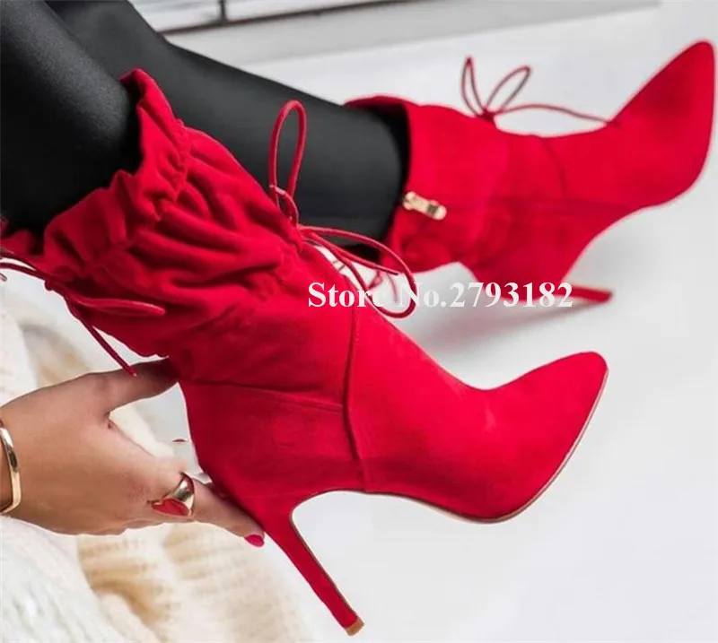 Elegant Pointed Toe Suede Leather Ruffle Stiletto Heel Short Boots Lace-up Red Thin Heel Ankle Booties Big Size Shoes
Elegant Pointed Toe Suede Leather Ruffle Stiletto Heel Short Boots Lace-up Red Thin Heel Ankle Booties Big Size Shoes