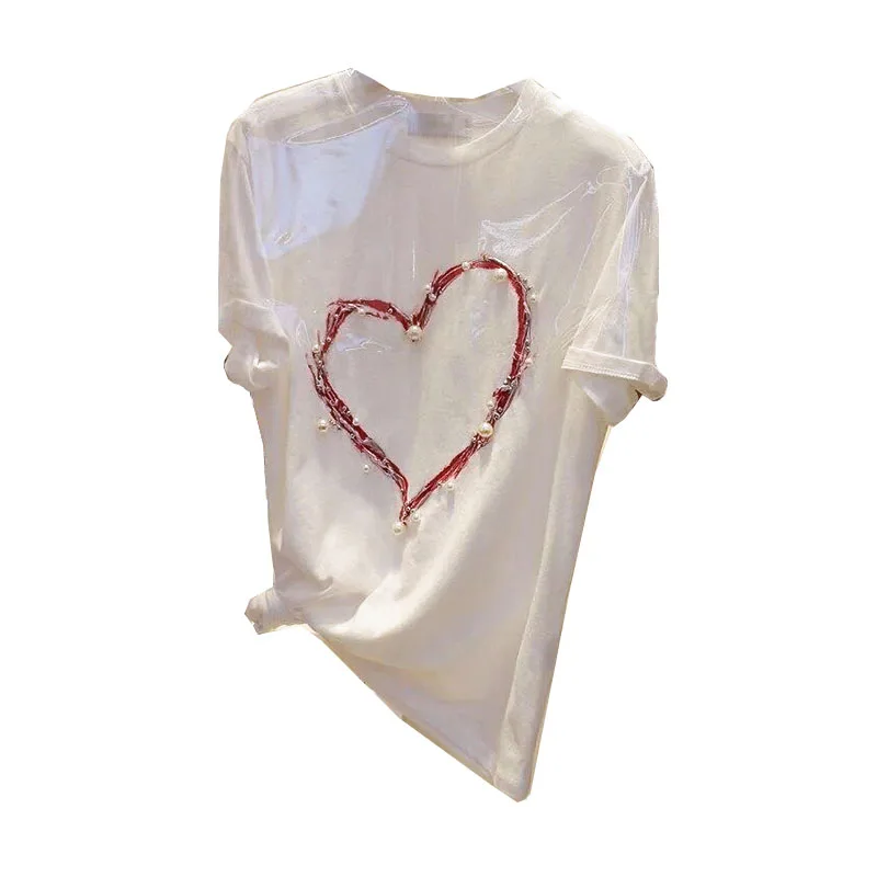 Korea Summer New Love Nail Bead Short Sleeve Heavy Industry T Shirt Women Foreign Style Versatile Loose Tees Tops White
Korea Summer New Love Nail Bead Short Sleeve Heavy Industry T Shirt Women Foreign Style Versatile Loose Tees Tops White