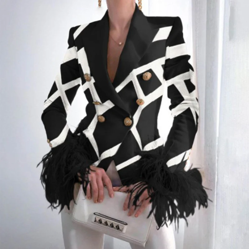 Elegant Turn-down Collar Lady Suit Tops Casual Feather Patchwork Long Sleeve Coat Women Fashion Double-Breasted Jacket Outerwear
Elegant Turn-down Collar Lady Suit Tops Casual Feather Patchwork Long Sleeve Coat Women Fashion Double-Breasted Jacket Outerwear