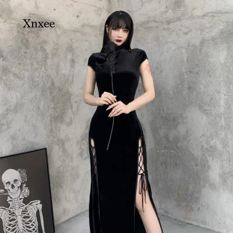 Velvet Aesthetic Dresses Romantic Gothic Vintage Cheongsam Women Black Bandage Slit Hem Bodycon Sexy Evening Wear Dress Outfits
Velvet Aesthetic Dresses Romantic Gothic Vintage Cheongsam Women Black Bandage Slit Hem Bodycon Sexy Evening Wear Dress Outfits