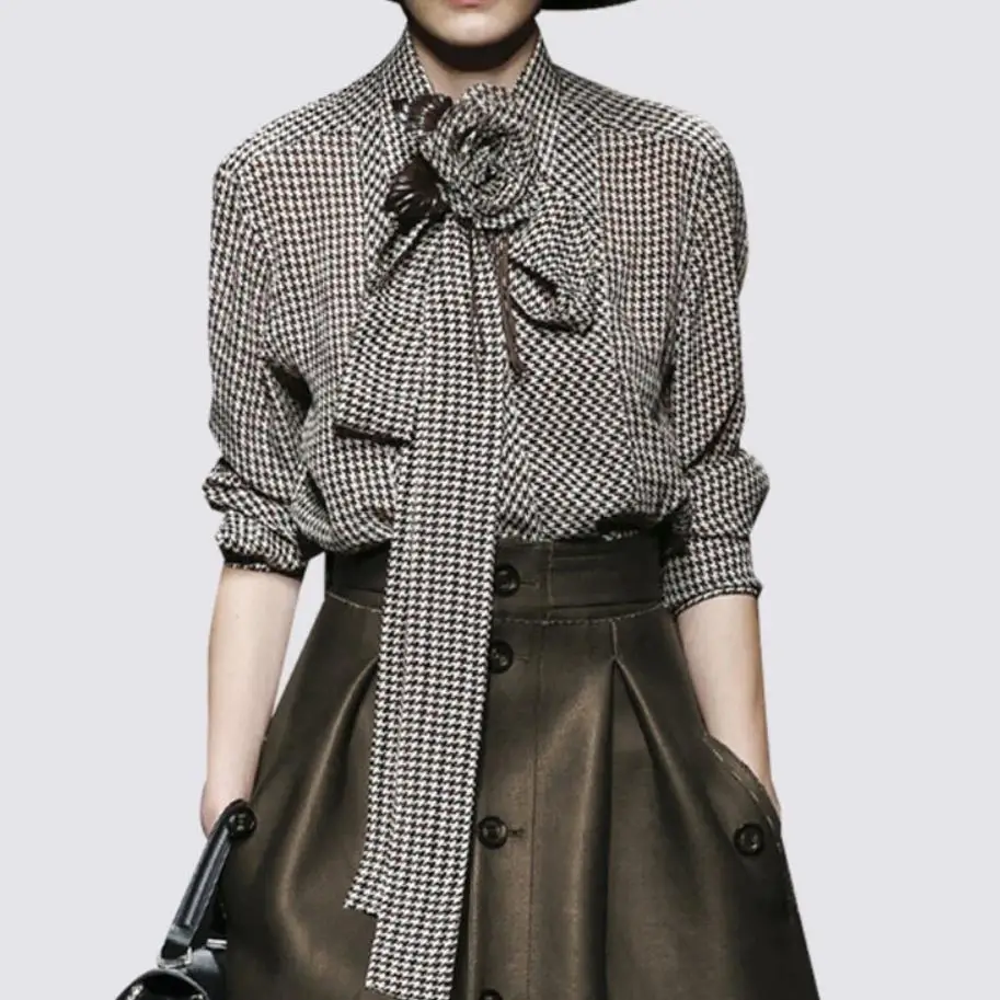 Spring fashion Houndstooth bow blouse women long sleeeve office lady plaid top shirt
Spring fashion Houndstooth bow blouse women long sleeeve office lady plaid top shirt