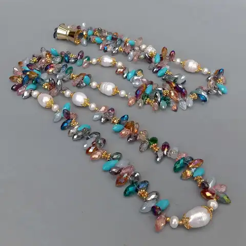 YYGEM Natural Cultured Freshwater White Rice Pearl Multi Color Top-Drilled Teardrop Crystal Long Necklace 49"