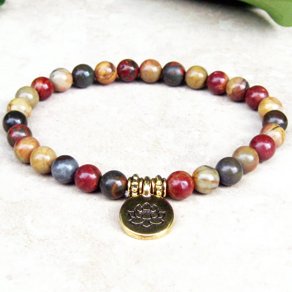 MG0729 6 mm Picasso Jasper Charm Lotus Flower Bracelet New Design Woman's Yoga Mala Bracelet Energy Protection Bracelet
MG0729 6 mm Picasso Jasper Charm Lotus Flower Bracelet New Design Woman's Yoga Mala Bracelet Energy Protection Bracelet