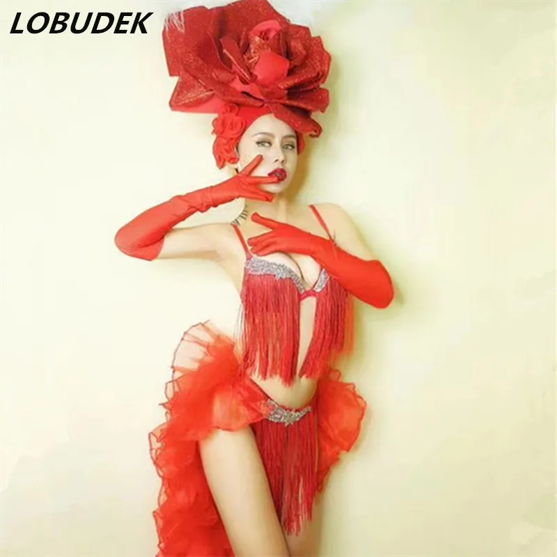 Nightclub Women Dance Costume Red Big Flower Headdress Crystal Fringe Bikini Set Sexy Bar Club Party Dance Team Show Stage Wear
Nightclub Women Dance Costume Red Big Flower Headdress Crystal Fringe Bikini Set Sexy Bar Club Party Dance Team Show Stage Wear