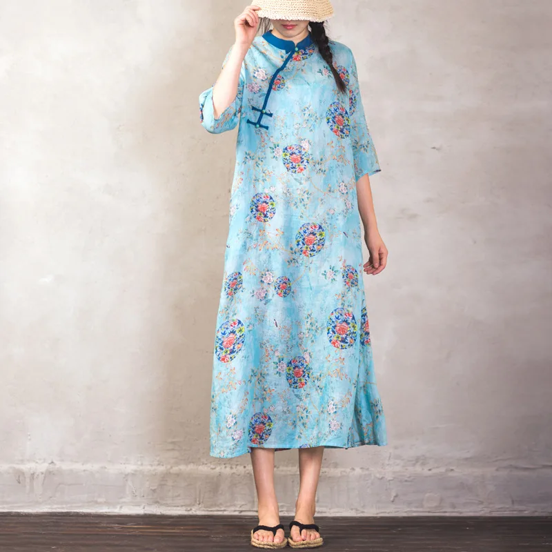 LZJN 2020 Women Retro Cotton Linen Floral Print Dress Short Sleeve Loose Long Stand Plate Buckle Cheongsam Chinese Dresses
LZJN 2020 Women Retro Cotton Linen Floral Print Dress Short Sleeve Loose Long Stand Plate Buckle Cheongsam Chinese Dresses