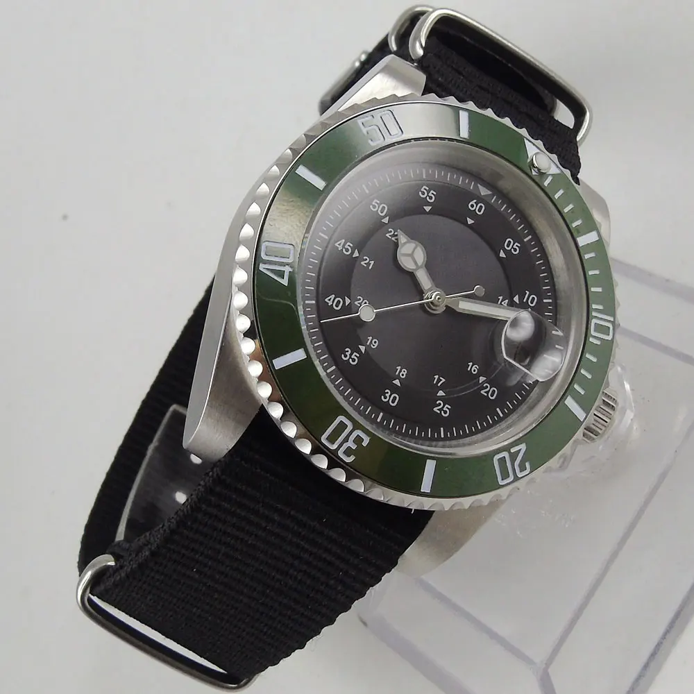 40mm Black Dial Sapphire Glass Miyota Nylon Strap Date Window Automatic Movement Self Winding Mens Watch
40mm Black Dial Sapphire Glass Miyota Nylon Strap Date Window Automatic Movement Self Winding Mens Watch