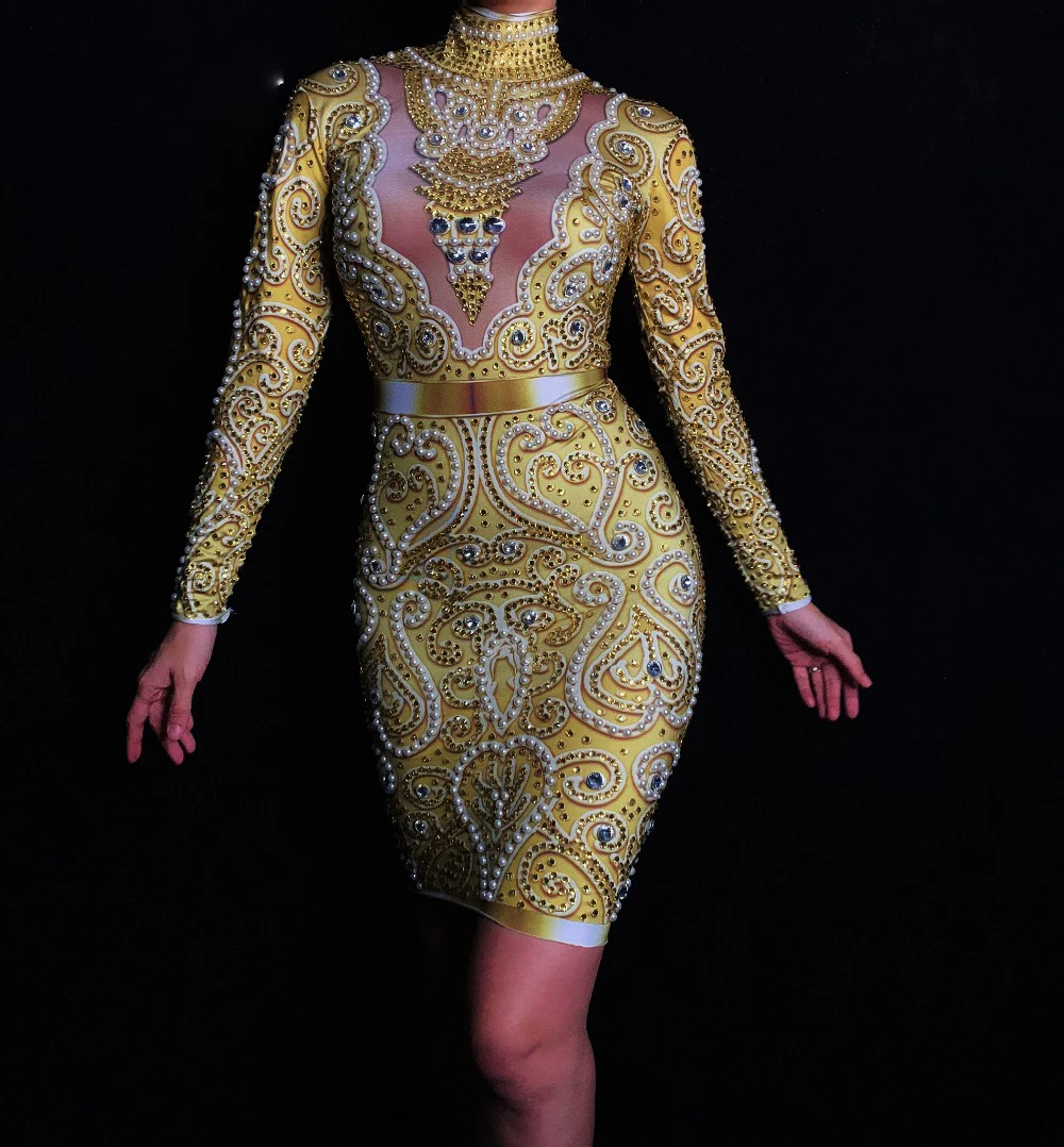 Fashion Rhinestones Pearls Dress Long Sleeves Women's Gold Dress Female Singer Clothes Birthday Celebrate Evening Wear Dress
Fashion Rhinestones Pearls Dress Long Sleeves Women's Gold Dress Female Singer Clothes Birthday Celebrate Evening Wear Dress