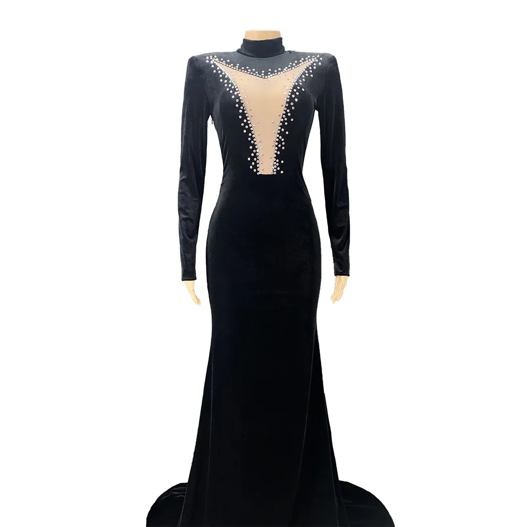 Black Velvet Long Tail Dress Women Birthday Celebrate Party Evening Dress Sexy Mesh Rhinesontes Dress for Winter Show Stage Wear
Black Velvet Long Tail Dress Women Birthday Celebrate Party Evening Dress Sexy Mesh Rhinesontes Dress for Winter Show Stage Wear