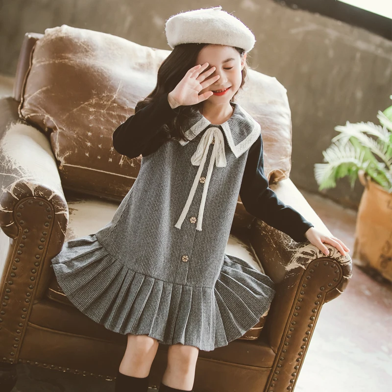 Spring Fall Kids College Wind Dresses Girls Long Sleeve Spliced Woolen Princess Dress Children's Pleated One Piece Clothes B362
Spring Fall Kids College Wind Dresses Girls Long Sleeve Spliced Woolen Princess Dress Children's Pleated One Piece Clothes B362