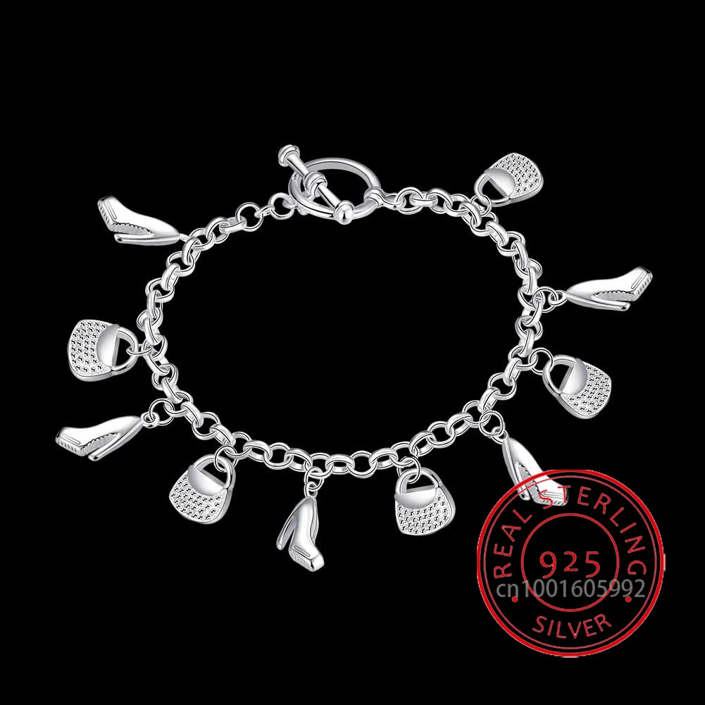 Hot 925 Sterling Silver High-heeled Shoes Bag charms bracelets Pulseiras de Prata Fine Jewelry Women Party Exquisite Gift
Hot 925 Sterling Silver High-heeled Shoes Bag charms bracelets Pulseiras de Prata Fine Jewelry Women Party Exquisite Gift