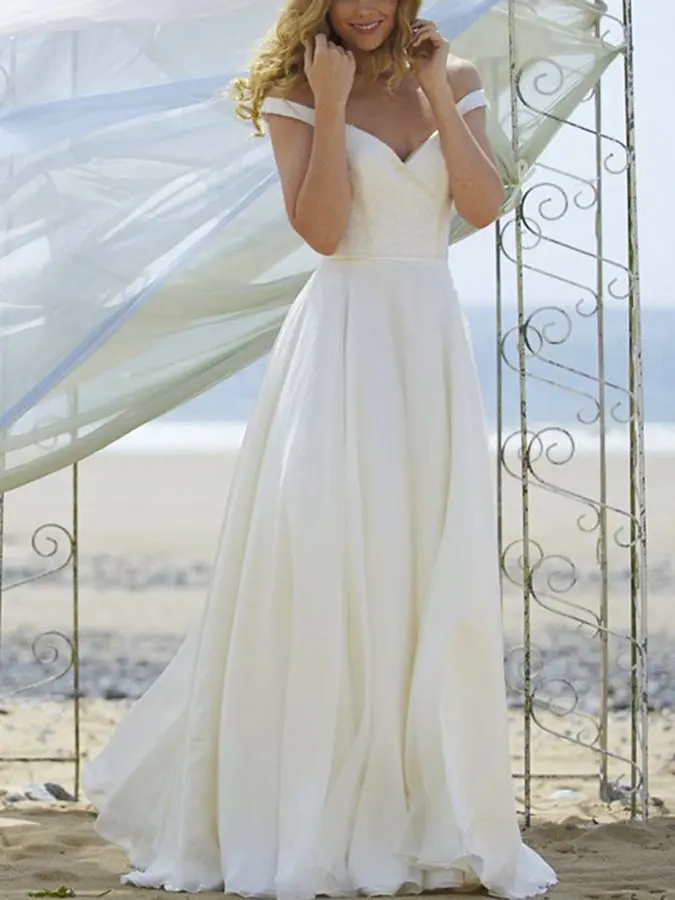 Customized Button Off the Shoulder Beach Wedding Dresses Simple Summer Bridal Gown 2025 vestidos de noiva
Customized Button Off the Shoulder Beach Wedding Dresses Simple Summer Bridal Gown 2025 vestidos de noiva