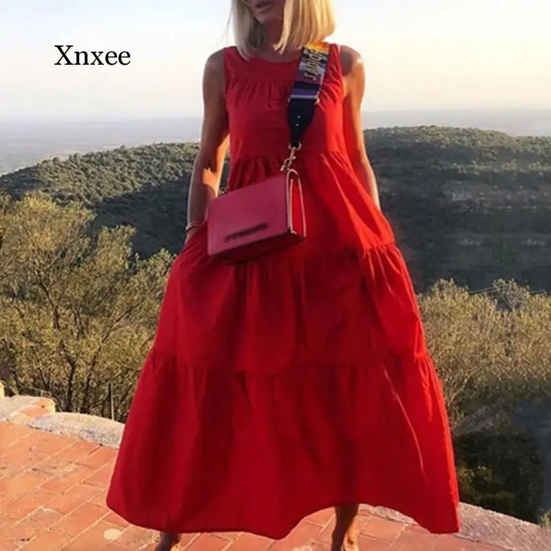 Sexy O Neck Sleeveless Summer Beach Dress Women Elegant Solid Pleated Party Dress Vintage Ladies Long Dresses Vestidos 
Sexy O Neck Sleeveless Summer Beach Dress Women Elegant Solid Pleated Party Dress Vintage Ladies Long Dresses Vestidos