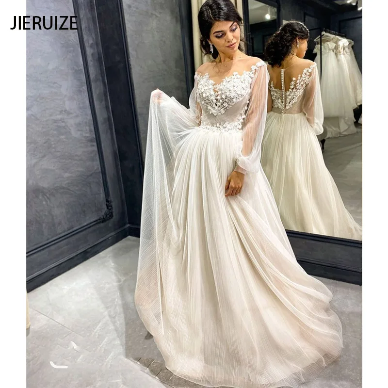 JIERUIZE Pleated Tulle Lace Appliques Boho Wedding Dresses Buttons Back Lantern Long Sleeves Beach Bridal Gowns
JIERUIZE Pleated Tulle Lace Appliques Boho Wedding Dresses Buttons Back Lantern Long Sleeves Beach Bridal Gowns