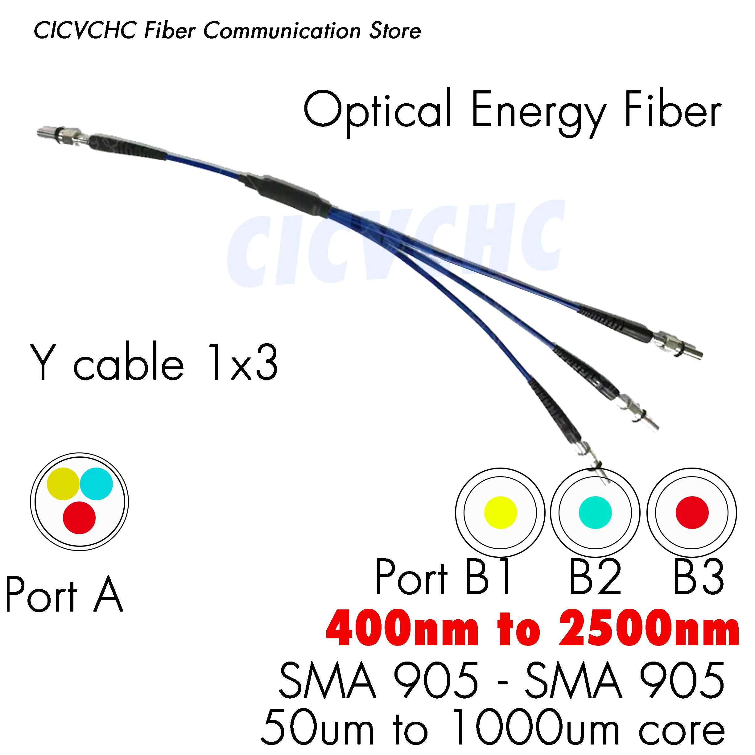 Y 1x3 Type SMA905-SMA905 energy fiber optic patch cord jumper with 50um to 1000um core for 400nm to 2500nm
Y 1x3 Type SMA905-SMA905 energy fiber optic patch cord jumper with 50um to 1000um core for 400nm to 2500nm