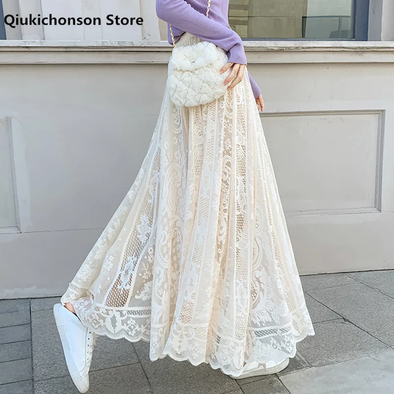 Spring Autumn Women Floral Lace Skirt Korean Style Cute Princess Elastic High Waist A-Line Midi Long Skirts White Black rokken
Spring Autumn Women Floral Lace Skirt Korean Style Cute Princess Elastic High Waist A-Line Midi Long Skirts White Black rokken