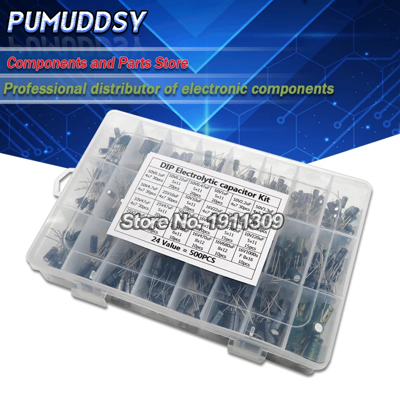 500PCS/lot 0.1UF-1000UF 24Values Aluminum Electrolytic Capacitors 16-50V mix Electrolytic capacitor Assorted kit and storage box
500PCS/lot 0.1UF-1000UF 24Values Aluminum Electrolytic Capacitors 16-50V mix Electrolytic capacitor Assorted kit and storage box