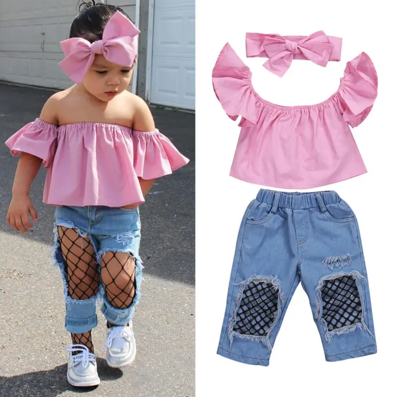 3Pcs Toddler Baby Girl Clothes Pink Off Shoulder Tops Ripped Denim Pants Jeans Headband Kids Summer Outfits Set
3Pcs Toddler Baby Girl Clothes Pink Off Shoulder Tops Ripped Denim Pants Jeans Headband Kids Summer Outfits Set