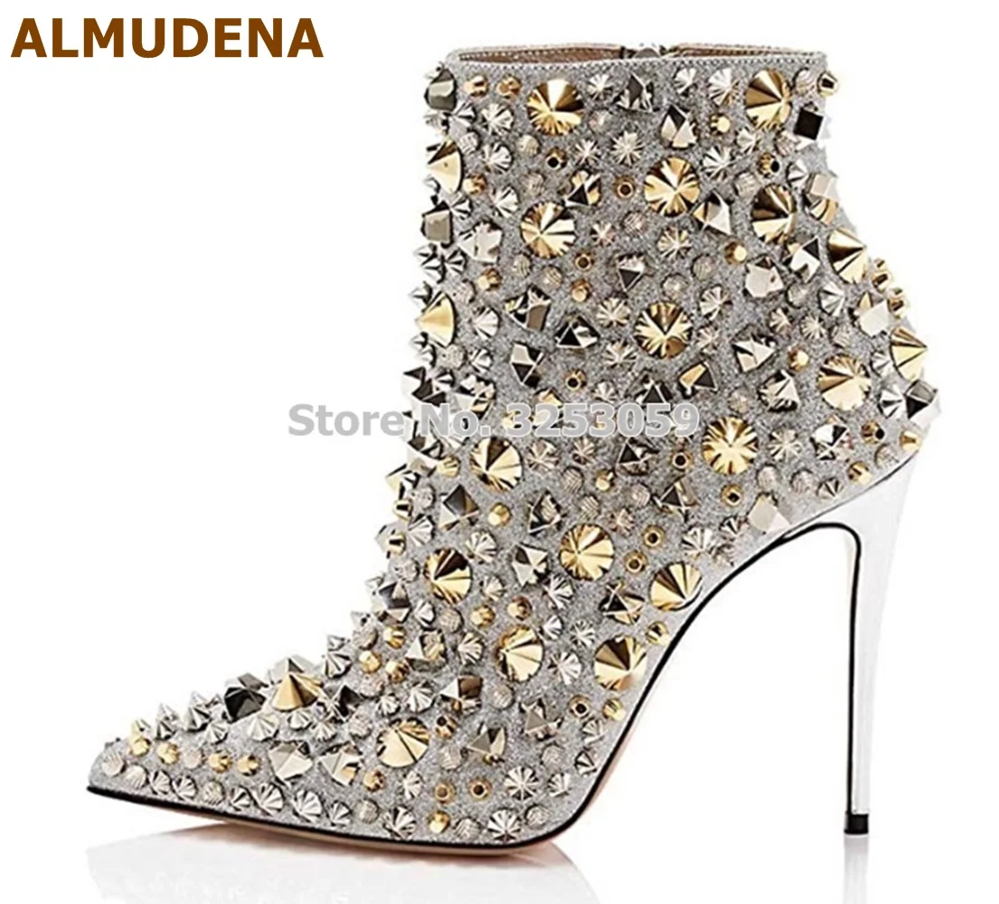 ALMUDENA Glitter Gold Metallic Studs Ankle Boots Stiletto Heel Silver Shell Spikes Pointed Toe Booties Celebrity Dress Shoes
ALMUDENA Glitter Gold Metallic Studs Ankle Boots Stiletto Heel Silver Shell Spikes Pointed Toe Booties Celebrity Dress Shoes