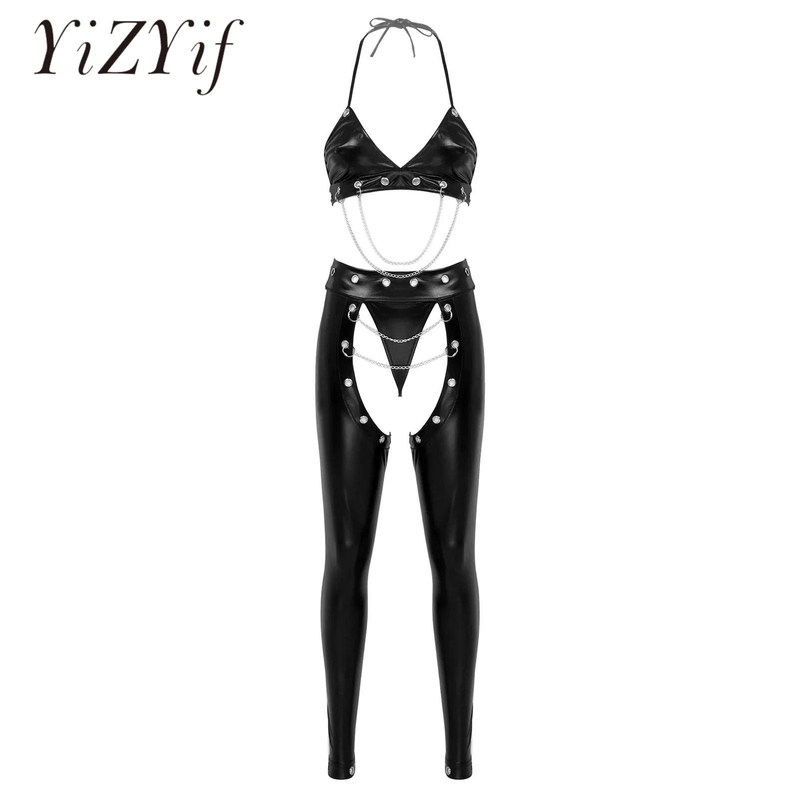 Womens Rave Bar Outfits Patent Leather Metal Chain Decor Halter Bra with Crotchless Pants G-string Clubwear for Pole Dancing
Womens Rave Bar Outfits Patent Leather Metal Chain Decor Halter Bra with Crotchless Pants G-string Clubwear for Pole Dancing