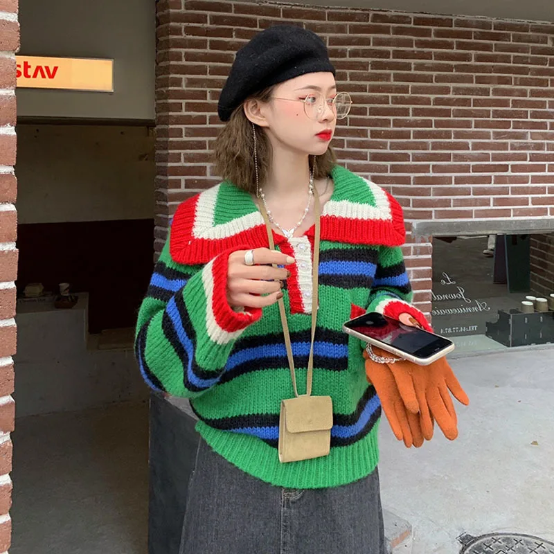 New Arrival Women Pullovers Sweaters Vintage Hit Color Striped Sweater Korean Chic Turn-Down Collar Sueter Mujer
New Arrival Women Pullovers Sweaters Vintage Hit Color Striped Sweater Korean Chic Turn-Down Collar Sueter Mujer