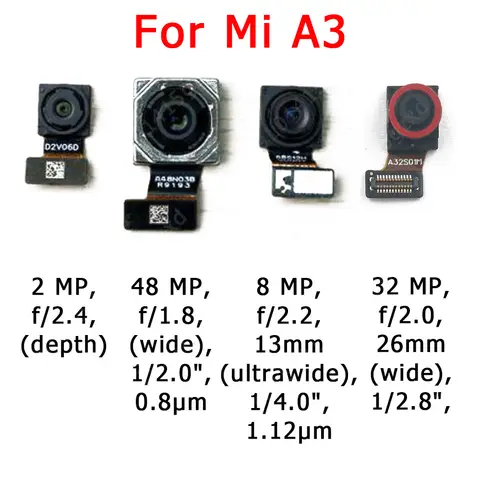 Câmera frontal e traseira para xiaomi mi a3, módulo de câmera frontal principal, cabo flexível, peças de reposição