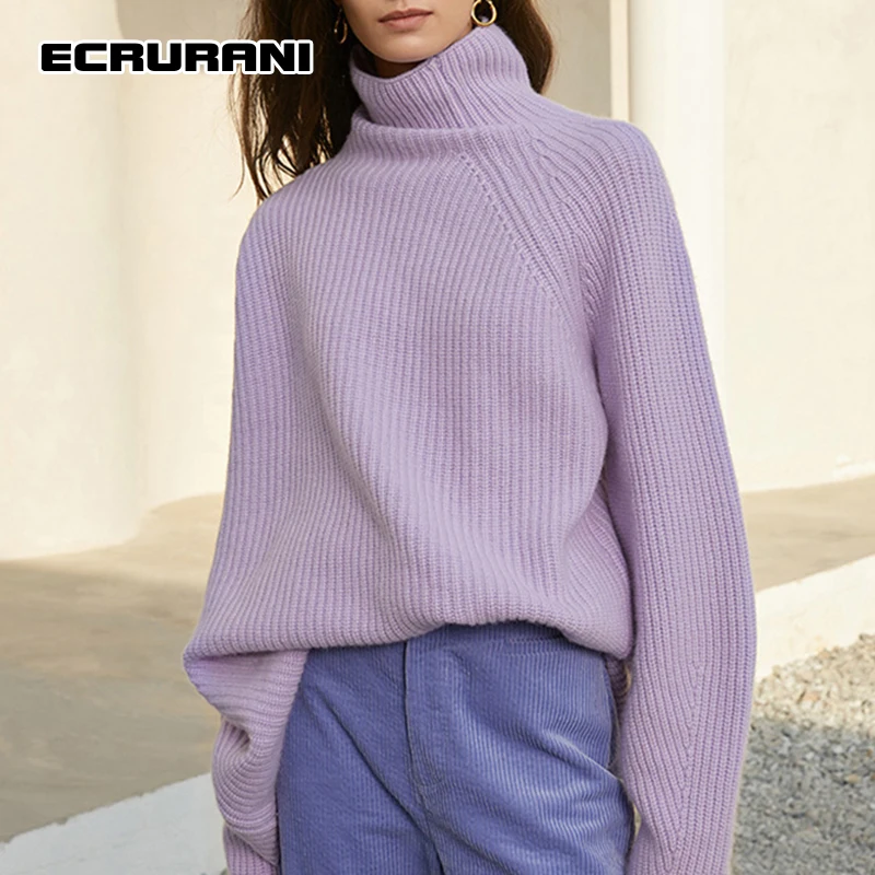 ECRURANI Casual Purple Knitting Sweater For Females High Neck Long Sleeve Loose Irregular Solid Minimalist Women's Pullover 2021
ECRURANI Casual Purple Knitting Sweater For Females High Neck Long Sleeve Loose Irregular Solid Minimalist Women's Pullover 2021
