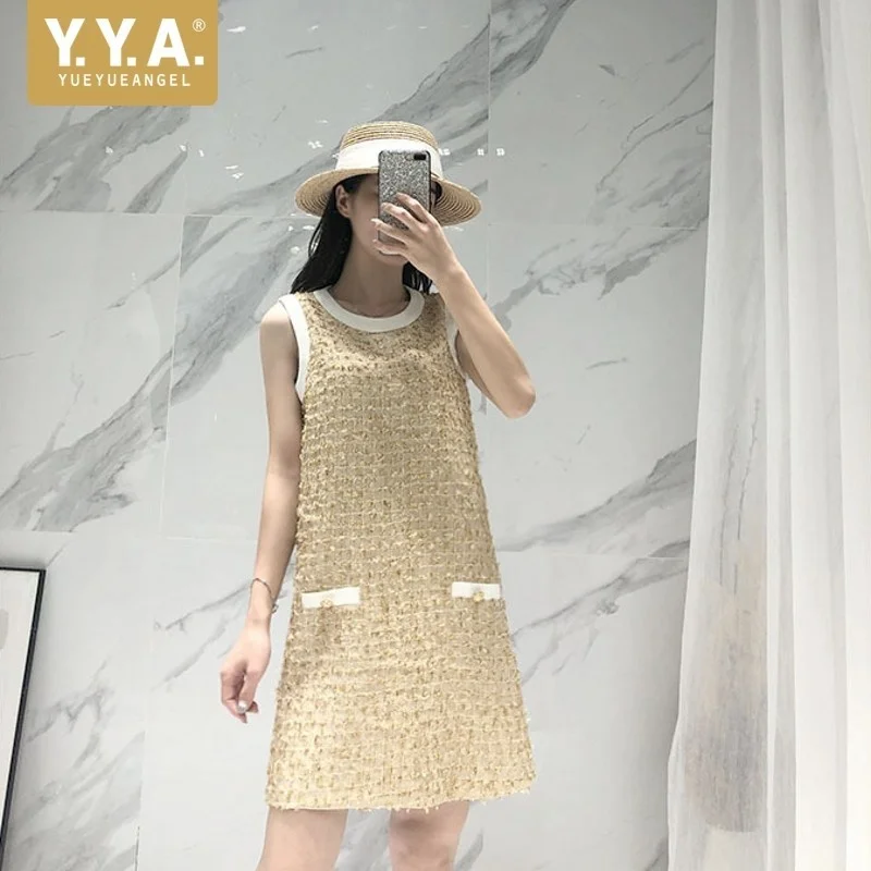 Fashion Korean New Womens Sleeveless O-Neck Tweed Vest Dresses Streetwear Summer New Fake Pocket Qualities Ladies Slim Dresses
Fashion Korean New Womens Sleeveless O-Neck Tweed Vest Dresses Streetwear Summer New Fake Pocket Qualities Ladies Slim Dresses