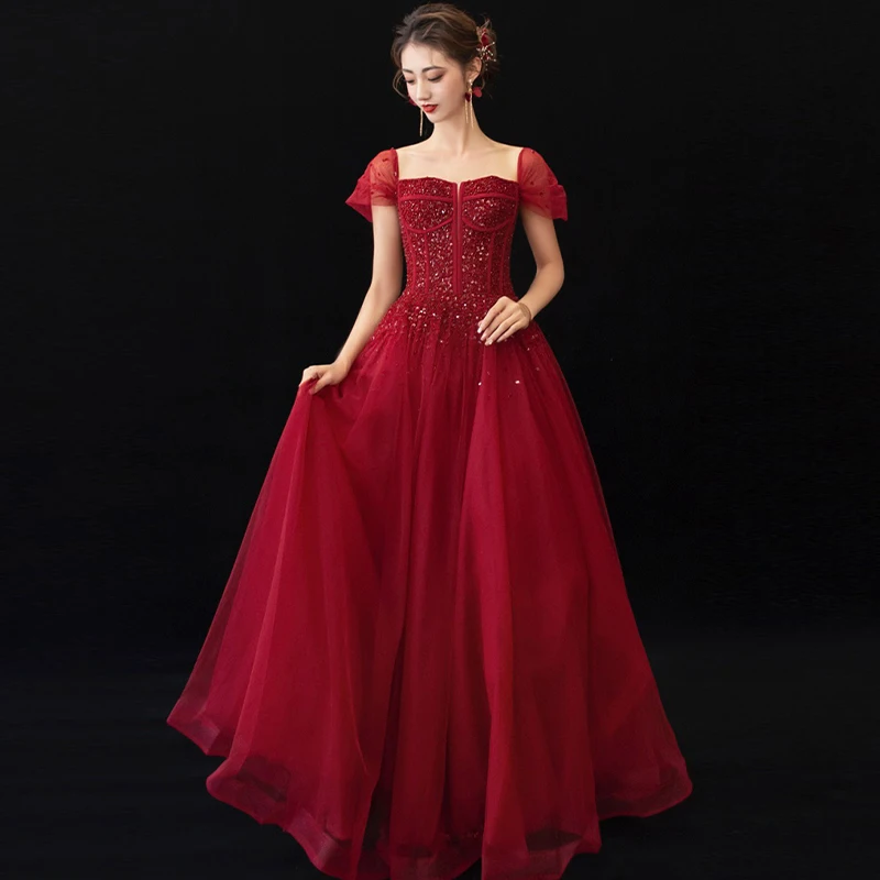Burgundy Sequins A-Line Evening Dress Square Collar Short Sleeves Floor-Length Elegant Tulle New Woman Formal Party Gowns A1587
Burgundy Sequins A-Line Evening Dress Square Collar Short Sleeves Floor-Length Elegant Tulle New Woman Formal Party Gowns A1587