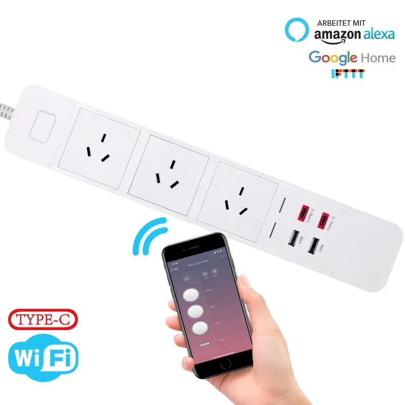 Wifi 3 AU Smart Power Strip 3 Outlets Socket 2 USB 2 Type-c 3.0A Quick Charge Voice Control for Alexa Google Assistant
Wifi 3 AU Smart Power Strip 3 Outlets Socket 2 USB 2 Type-c 3.0A Quick Charge Voice Control for Alexa Google Assistant
