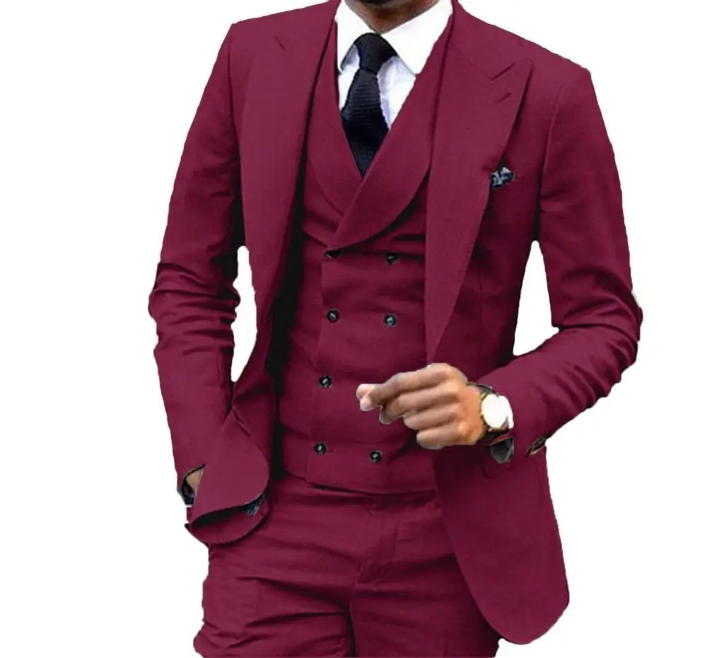 Formal Custom Burgundy Double Button Vest Wedding Groom Tuxedos Peak Lapel Groomsmen Mens Business Party Suits Jacket+Pants+Vest
Formal Custom Burgundy Double Button Vest Wedding Groom Tuxedos Peak Lapel Groomsmen Mens Business Party Suits Jacket+Pants+Vest