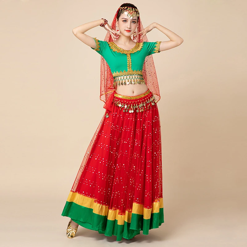 Colored Belly Dance Outfits Indian Dance Festival Holiday Clothes Bollywood Costume Top Belt Skirt Sari 4pcs Set Performance
Colored Belly Dance Outfits Indian Dance Festival Holiday Clothes Bollywood Costume Top Belt Skirt Sari 4pcs Set Performance