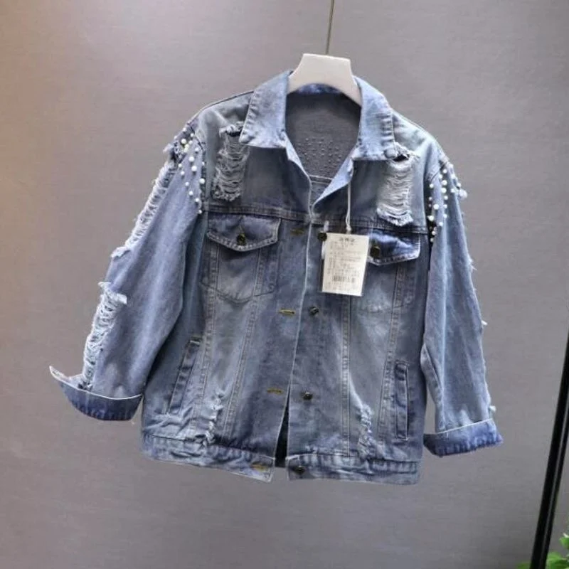 Korean New Fashion Beading Frayed Hole Denim Jacket Women Long Sleeve Jeans Coat Female Brand High Quality Streetwear Jackets
Korean New Fashion Beading Frayed Hole Denim Jacket Women Long Sleeve Jeans Coat Female Brand High Quality Streetwear Jackets