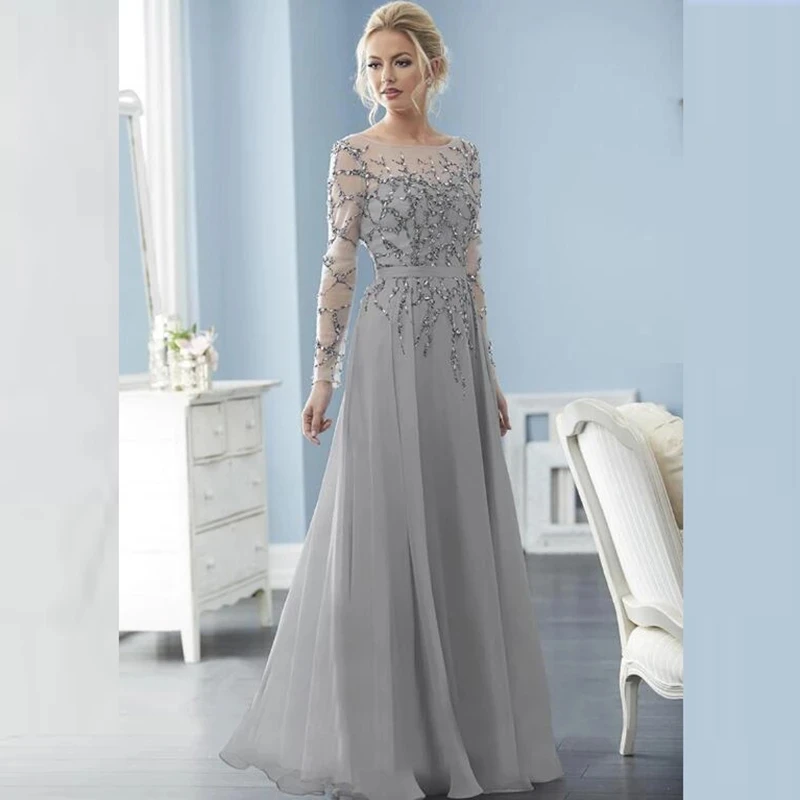 Silver Mother Of The Bride Dresses A-line Long Sleeves Chiffon Beaded Backless Plus Size Long Groom Mother Dresses Wedding
Silver Mother Of The Bride Dresses A-line Long Sleeves Chiffon Beaded Backless Plus Size Long Groom Mother Dresses Wedding