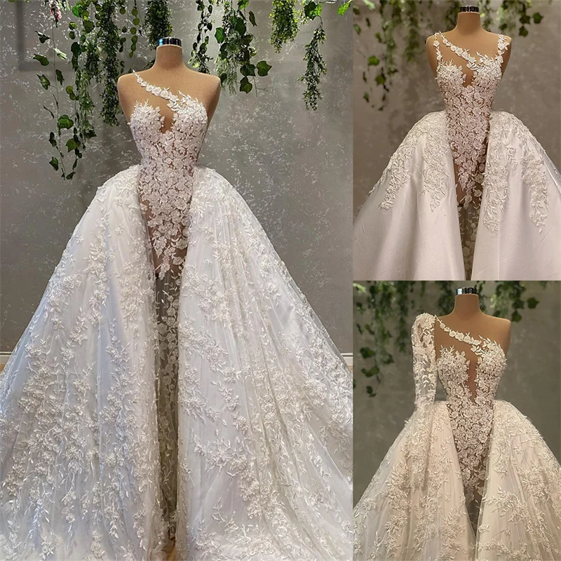Lace Appliques Mermaid Wedding Dresses One Shoulder Beaded Illusion With Overskirt Bridal Gowns Custom Made Vestido de novia
Lace Appliques Mermaid Wedding Dresses One Shoulder Beaded Illusion With Overskirt Bridal Gowns Custom Made Vestido de novia