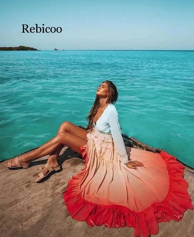 Women Autumn Long Sleeve Boho Dress Loose Ruffle Dress Gradient Color Long Beach Dress
Women Autumn Long Sleeve Boho Dress Loose Ruffle Dress Gradient Color Long Beach Dress