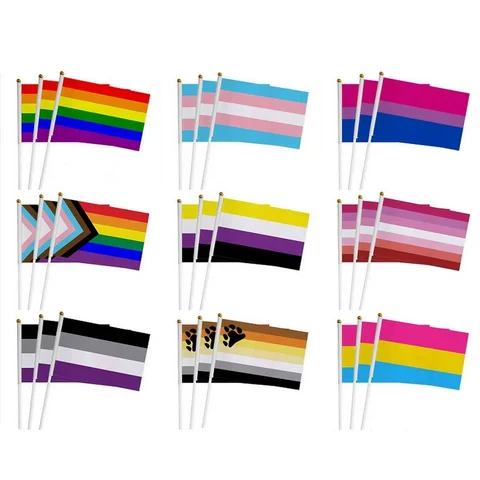 custom LGBT hand flag 100Pcs 14*21Cm plastic Stick Rainbow Hand flag Gay Lesbian Homosexual Bisexual Pride hand flag