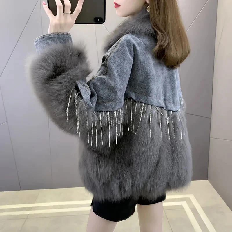 Fur 2022 new female stitching denim imitation fox fur imitation coat parker loose women's warm winter jacket
Fur 2022 new female stitching denim imitation fox fur imitation coat parker loose women's warm winter jacket