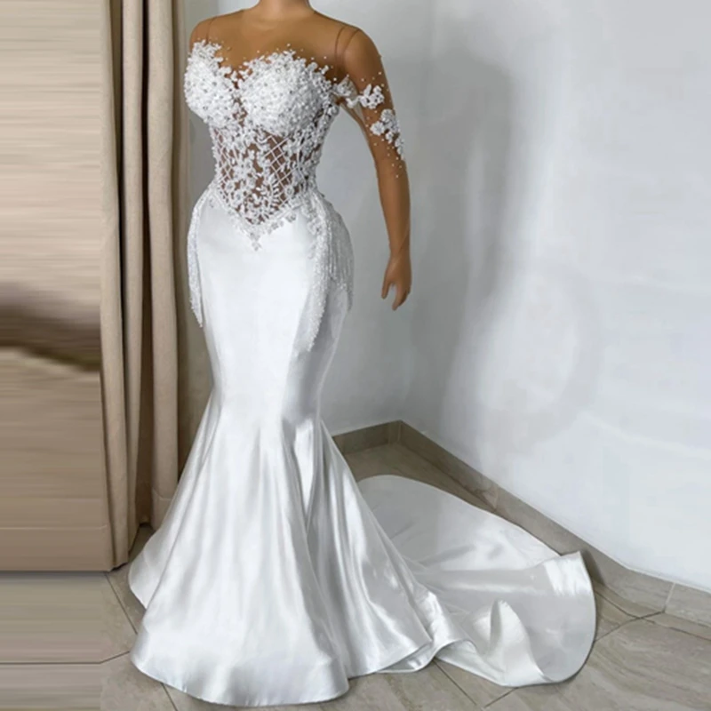 Real Image Beads Flowers Mermaid Wedding Dress Sexy See Thru Illusion Appliques Plus Size Africa Bridal Gowns Sparling Tassel
Real Image Beads Flowers Mermaid Wedding Dress Sexy See Thru Illusion Appliques Plus Size Africa Bridal Gowns Sparling Tassel
