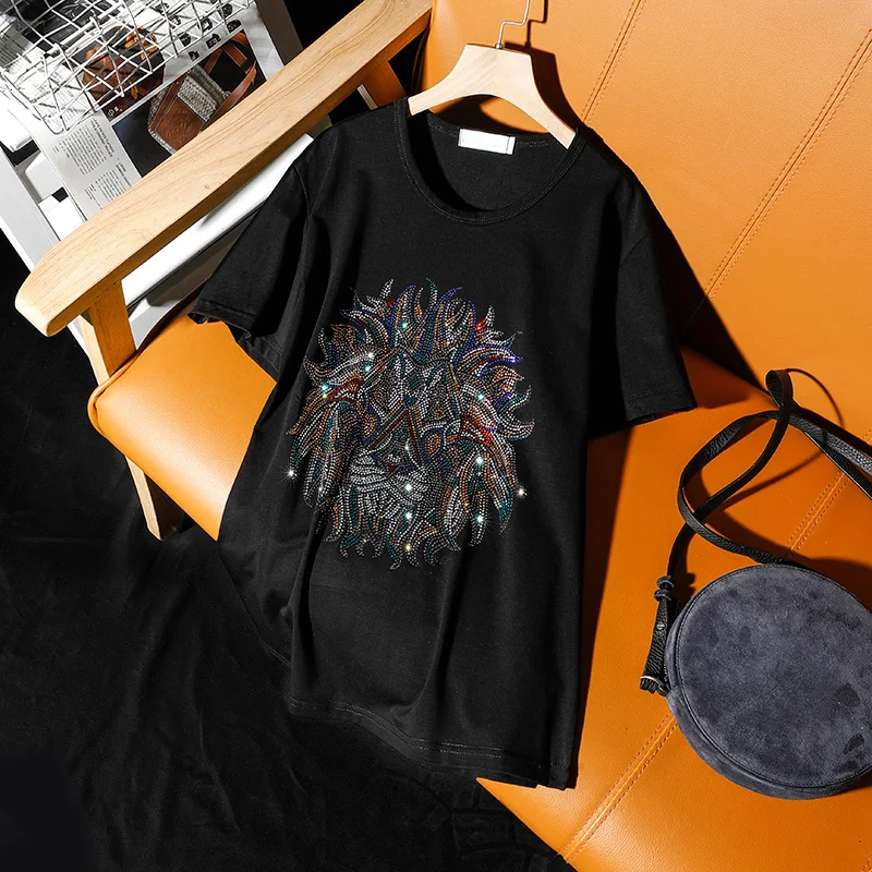 Street leisure Unisex Lovers Clothes lion Pattern Hot diamonds short-sleeve t-shirts Summer New 2021 Loose women tops pullovers
Street leisure Unisex Lovers Clothes lion Pattern Hot diamonds short-sleeve t-shirts Summer New 2021 Loose women tops pullovers