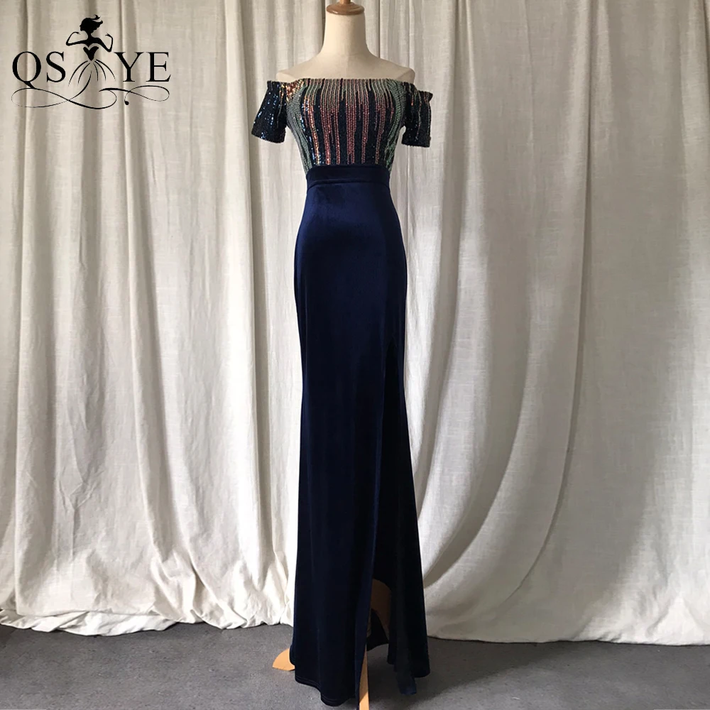 Off Shoulder Navy Evening Dresses Side Short Sleeves Velvet Prom Gown Sexy Split Sequin Party Dress Fading Fitted Formal Gown
Off Shoulder Navy Evening Dresses Side Short Sleeves Velvet Prom Gown Sexy Split Sequin Party Dress Fading Fitted Formal Gown