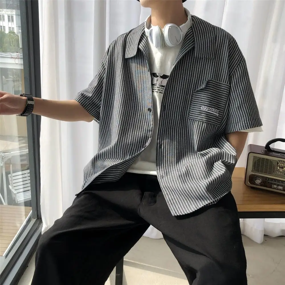 Men Striped Harajuku Korean Shirts Half Sleeve 2020 Summer Mens Harajuku INS Shirt Male Broken Pocket Button Up Shirt
Men Striped Harajuku Korean Shirts Half Sleeve 2020 Summer Mens Harajuku INS Shirt Male Broken Pocket Button Up Shirt