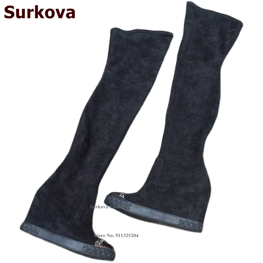Surkova Black Suede Wedge Heel Over The Knee Boots Metallic Chain Steel Tip Toe Long Dress Boots Slim Fit Thigh High Boots US9.5
Surkova Black Suede Wedge Heel Over The Knee Boots Metallic Chain Steel Tip Toe Long Dress Boots Slim Fit Thigh High Boots US9.5