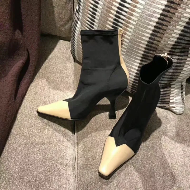 Designer Chic Sheepskin Patchwork Stretch Fabric Womens Ankle Boots Genuine Leather Square Toe Beathable Female High Heels Shoes
Designer Chic Sheepskin Patchwork Stretch Fabric Womens Ankle Boots Genuine Leather Square Toe Beathable Female High Heels Shoes