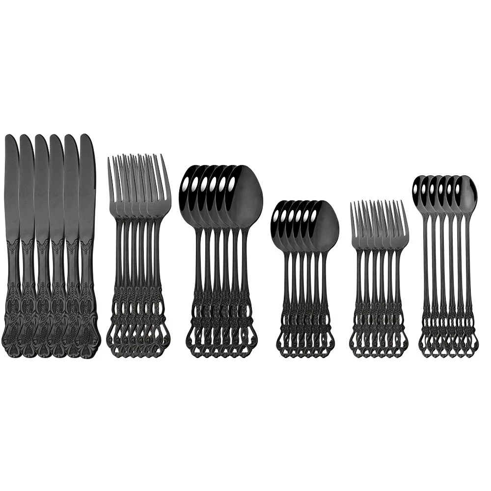 36pcs/6set Black Stainless Steel Set Royal Cutlery Vintage Dinnerware Dessert Spoons Forks Kitchen Tableware Dinner Silverware
36pcs/6set Black Stainless Steel Set Royal Cutlery Vintage Dinnerware Dessert Spoons Forks Kitchen Tableware Dinner Silverware