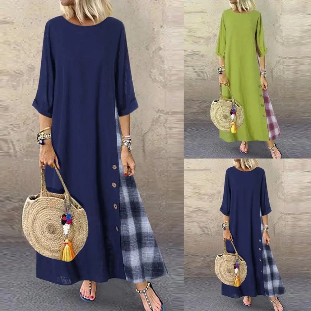 Woman Autumn Dresses Women Casual Patchwork 3/4 Sleeves Round Neck High Button Low Hem Plus Size Dress Loose Dress
Woman Autumn Dresses Women Casual Patchwork 3/4 Sleeves Round Neck High Button Low Hem Plus Size Dress Loose Dress