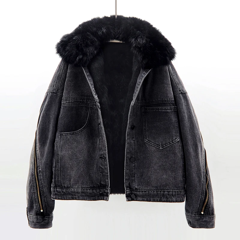 Winter Thick Natural Fox Fur Collar Rabbit Fur Denim Jacket Women Black Blue Cowboy Outerwear Loose Short Jeans Jackets Female
Winter Thick Natural Fox Fur Collar Rabbit Fur Denim Jacket Women Black Blue Cowboy Outerwear Loose Short Jeans Jackets Female