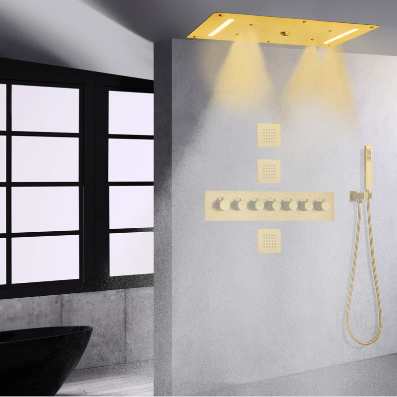 Thermostatic Brushed Gold Rainfall Shower Head Set 700X380 MM LED Bathroom High Flow Shower Waterfall
Thermostatic Brushed Gold Rainfall Shower Head Set 700X380 MM LED Bathroom High Flow Shower Waterfall